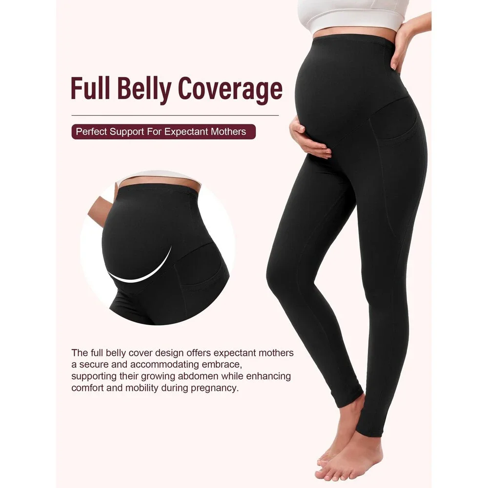 Siimcuzy Black 4 Pack Women’s Maternity Leggings Pockets Over Belly 4PK-S
